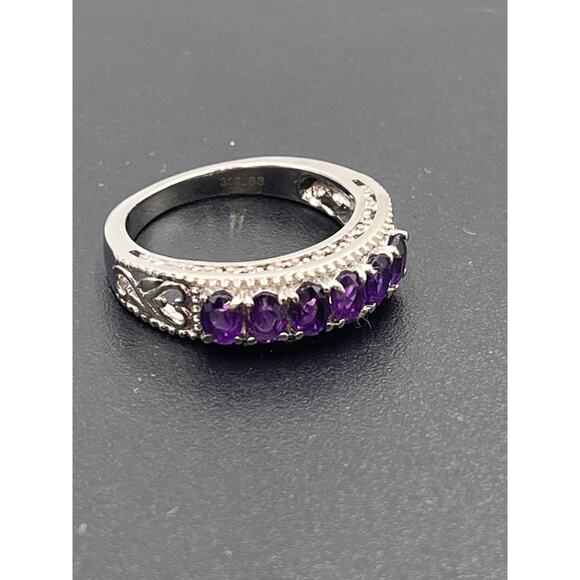 Amethyst Faceted Oval Sterling Stainless Steel Open Heart Flank Ring Sz 7.5 - Picture 7 of 8